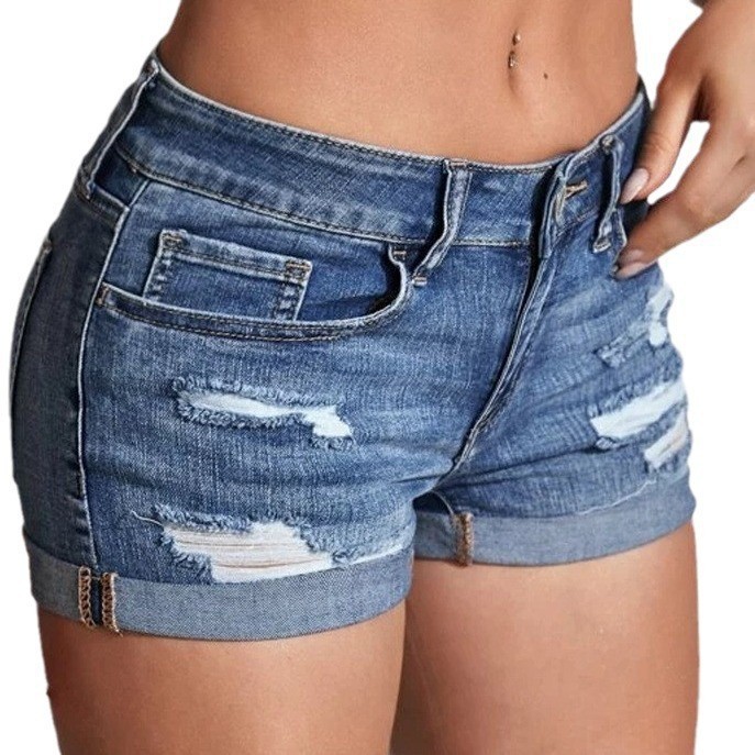 Skinny Jeans Ripped - Shorts in denim lavato a vita